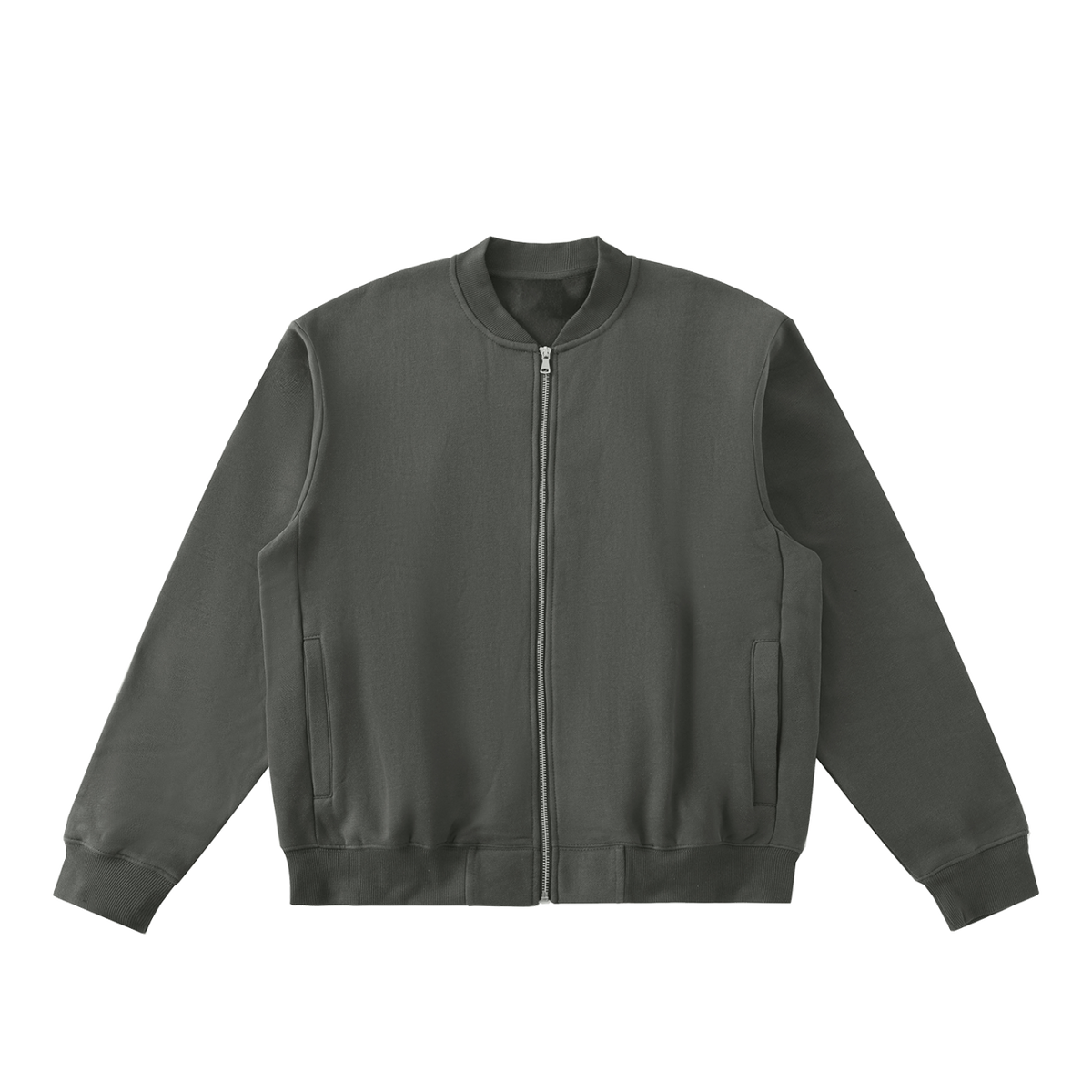 MIROLYUB Nocturne fleece zip varsity jacket in Dark Gray, front view.