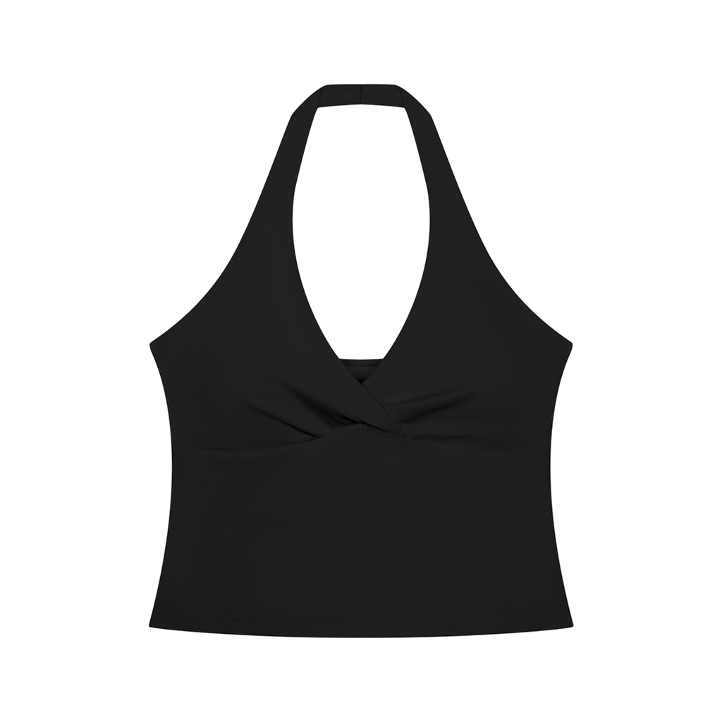 MIROLYUB Women’s Ruched Halter Yoga Tank Top — Black, front view