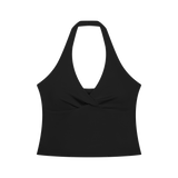 MIROLYUB Women’s Ruched Halter Yoga Tank Top — Black, front view