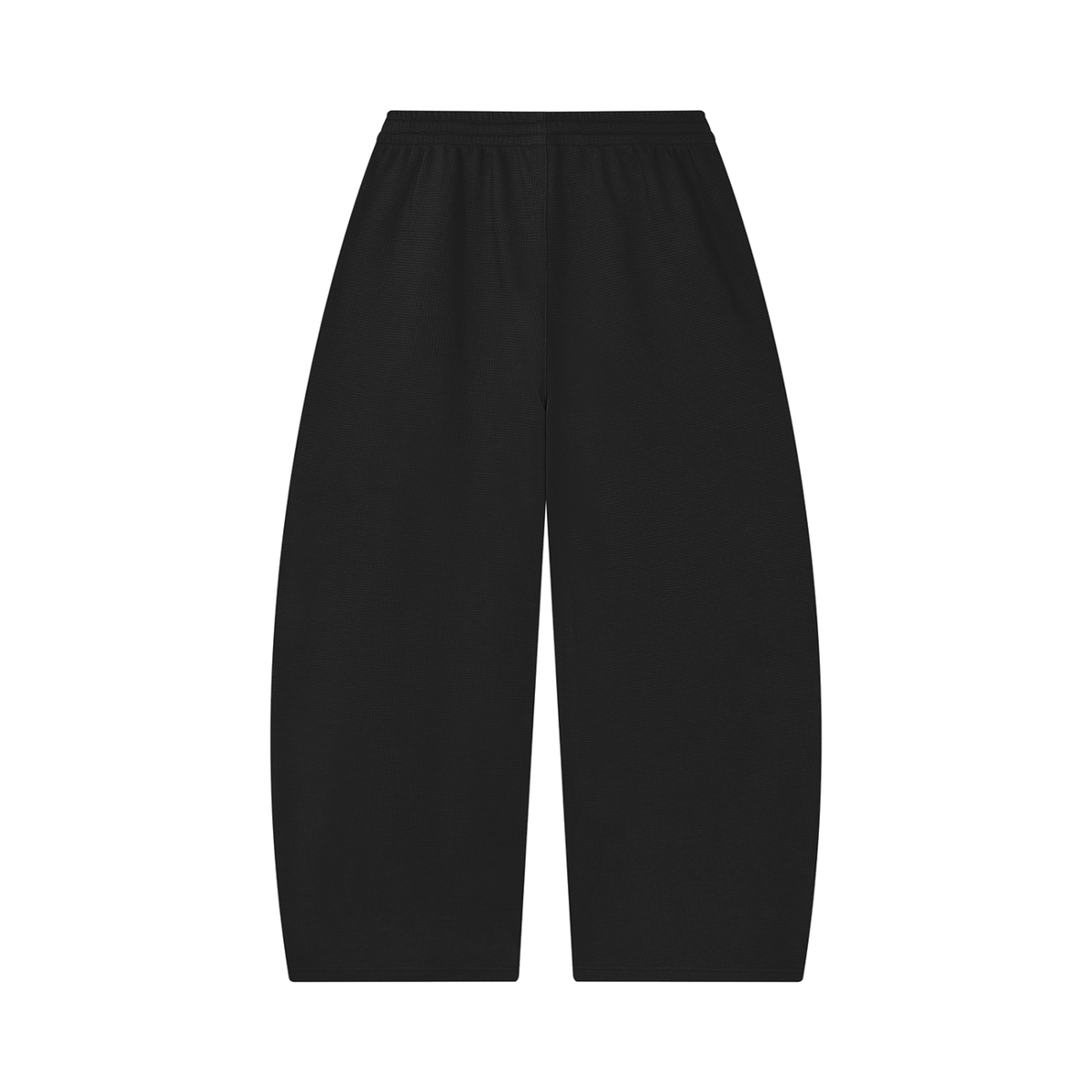 MIROLYUB Tessera waffle barrel pants in Black, back view.