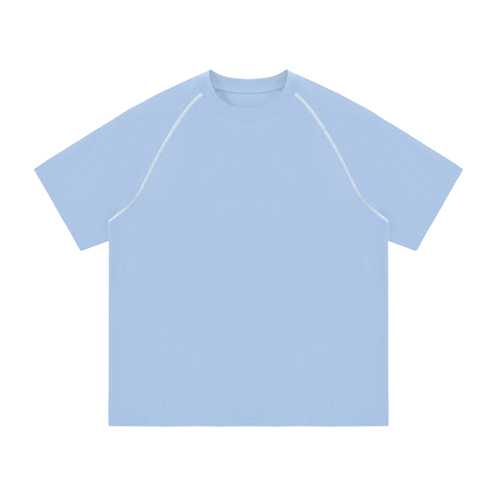 MIROLYUB Offbeat Contrast-Stitch Raglan Tee in Sky Blue, front view.