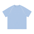 MIROLYUB Offbeat Contrast-Stitch Raglan Tee in Sky Blue, front view.