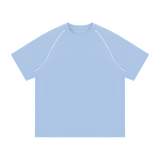 MIROLYUB Offbeat Contrast-Stitch Raglan Tee in Sky Blue, front view.
