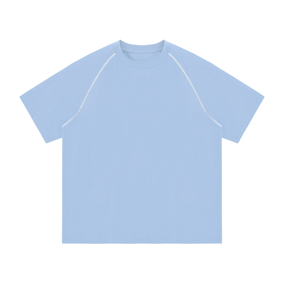 MIROLYUB Offbeat Contrast-Stitch Raglan Tee in Sky Blue, front view.