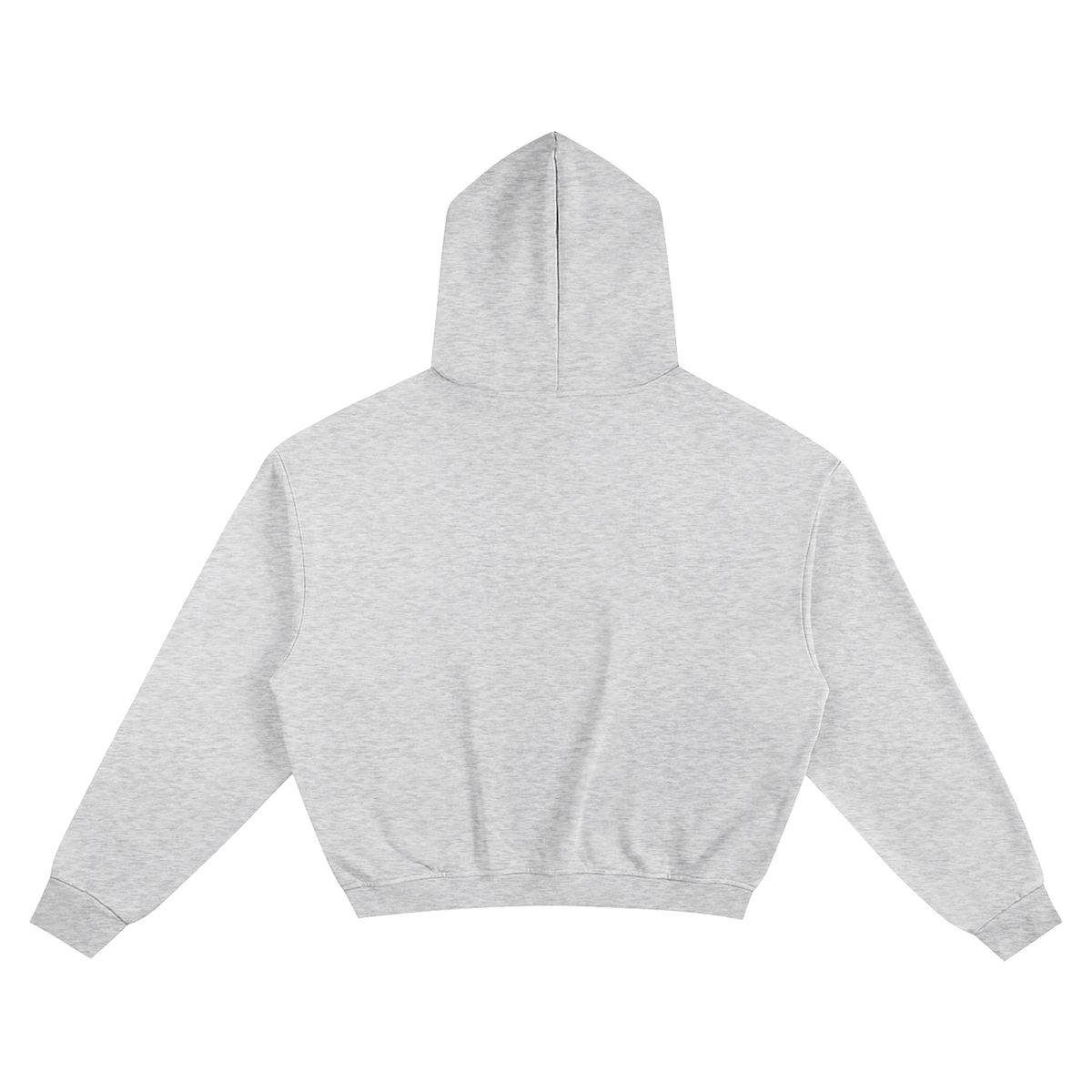 MIROLYUB Verge heavy cotton cropped hoodie in Flower Gray, back view.