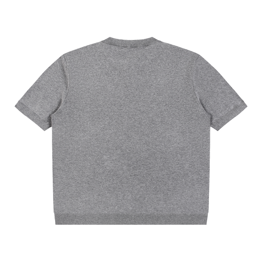 MIROLYUB Cadence Knit Henley Tee in Flower Gray, back view.