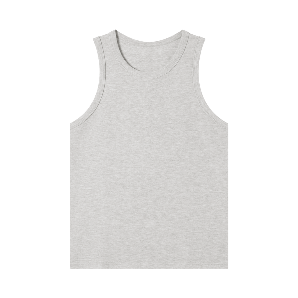 MIROLYUB Tension heavyweight ribbed tank in Flower Gray, front view.