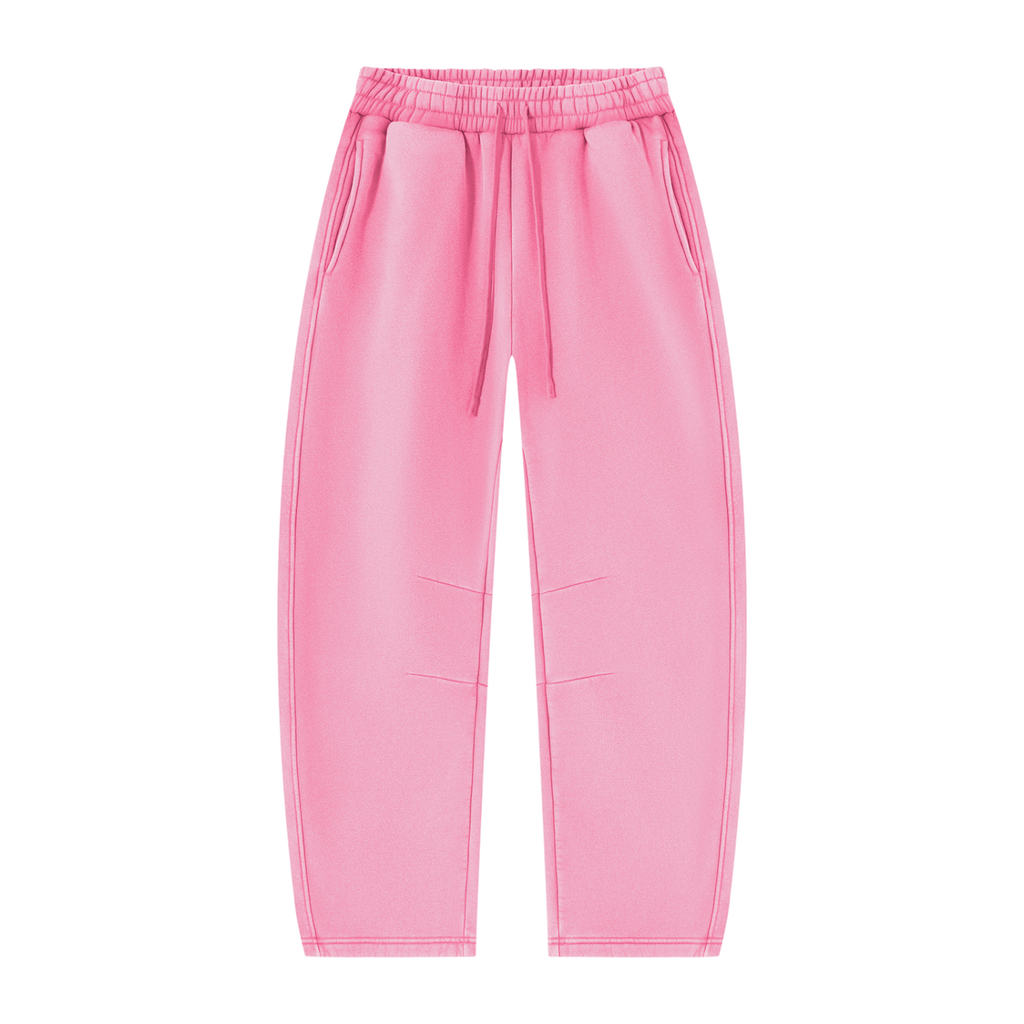MIROLYUB Arc Vintage-Wash Barrel Fleece Pants in Pink, front view.