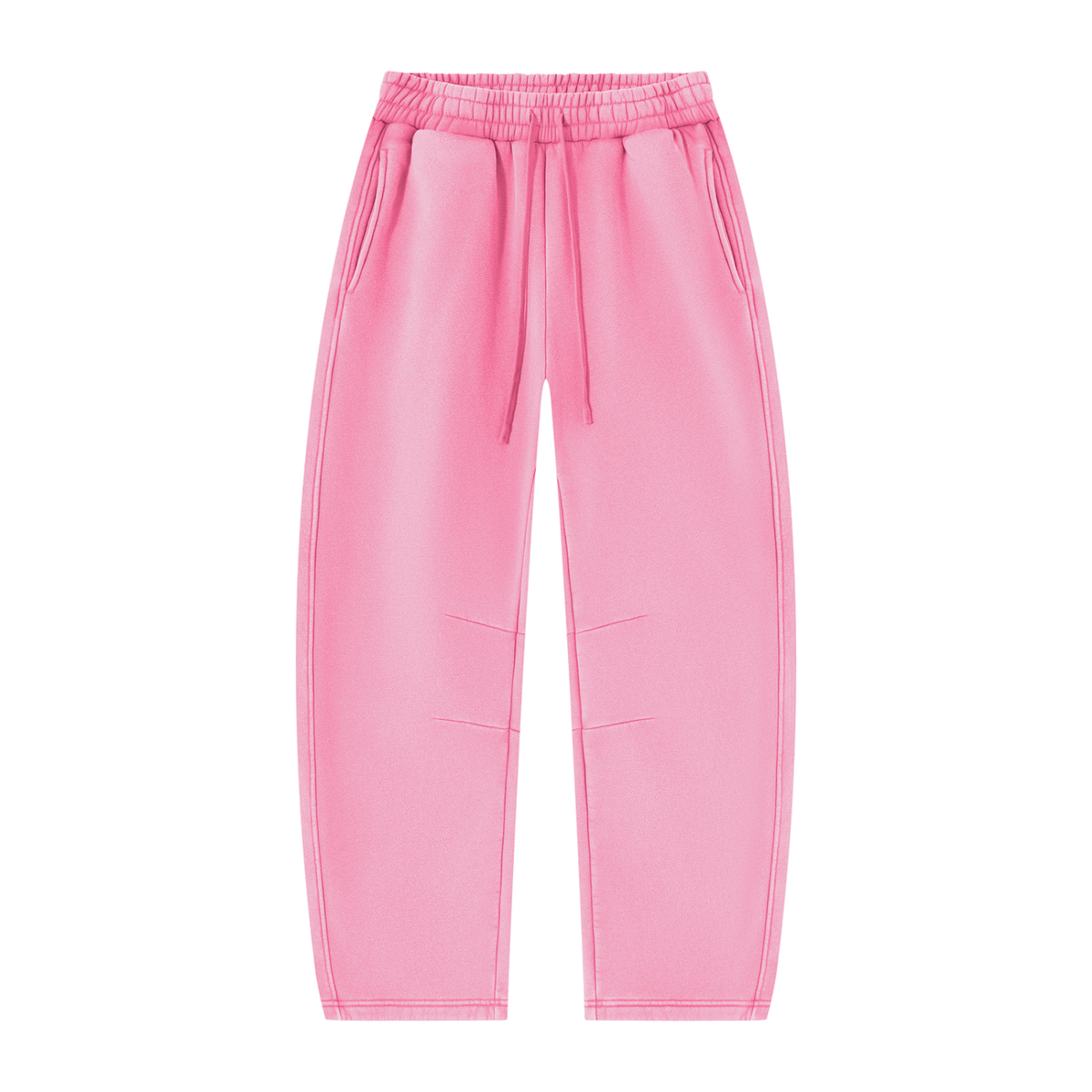 MIROLYUB Arc Vintage-Wash Barrel Fleece Pants in Pink, front view.