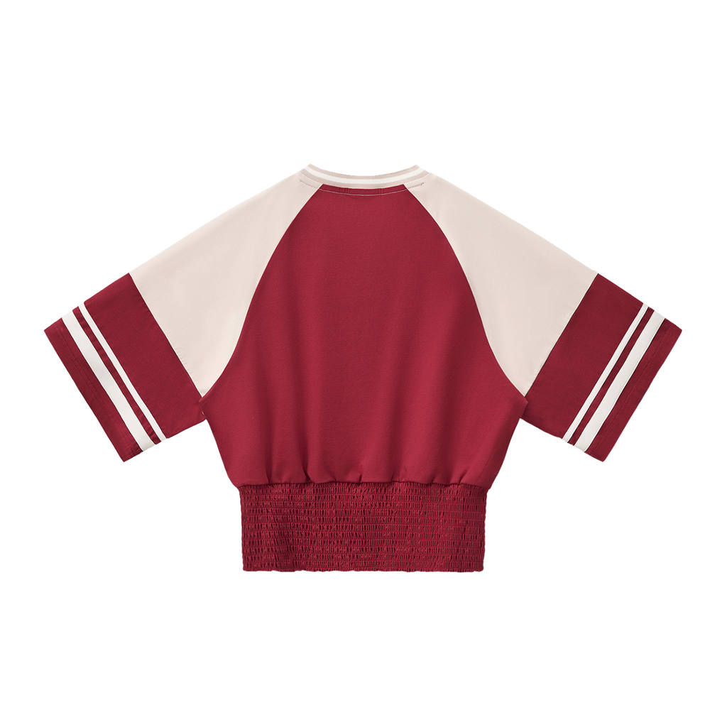 MIROLYUB Women's Color Block Ruched T-Shirt — Red with Apricot — back view
