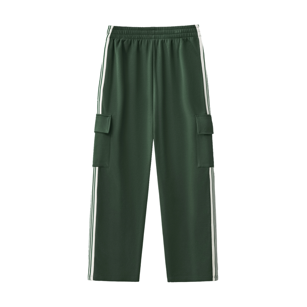 MIROLYUB Vector Side-Stripe Straight-Leg Pants in Blackish Green, back view.