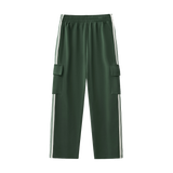 MIROLYUB Vector Side-Stripe Straight-Leg Pants in Blackish Green, back view.