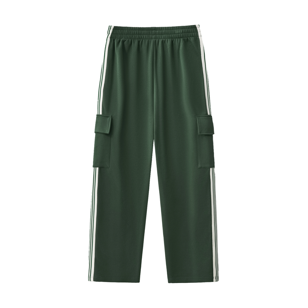 MIROLYUB Vector Side-Stripe Straight-Leg Pants in Blackish Green, back view.