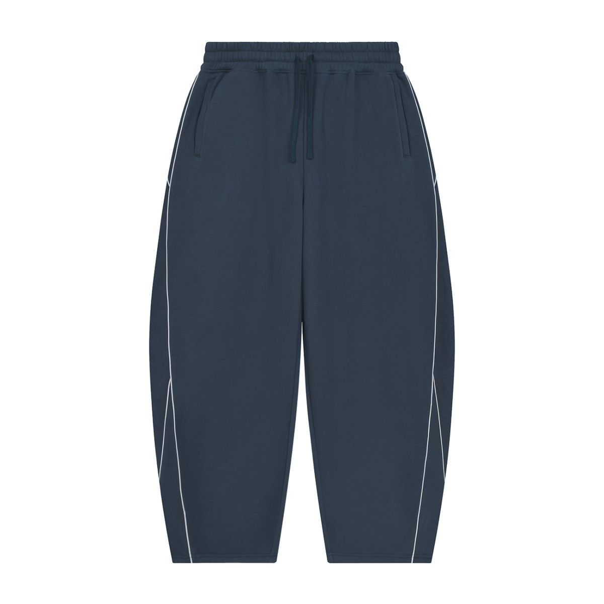 MIROLYUB Trace Piping Barrel Fleece Pants in Navy Blue, front view.