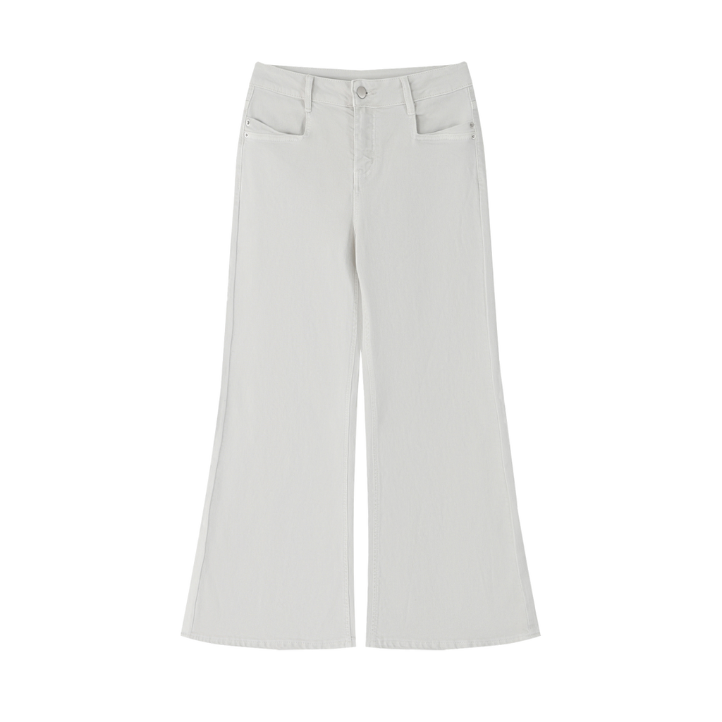 MIROLYUB Diverge flare-leg jeans in Beige, front view