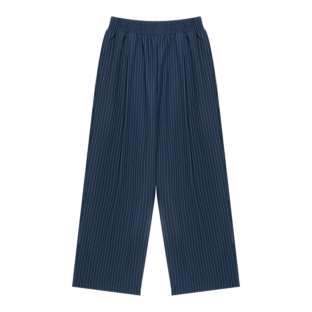 MIROLYUB Axis striped pleated trousers in Navy Blue, front view.