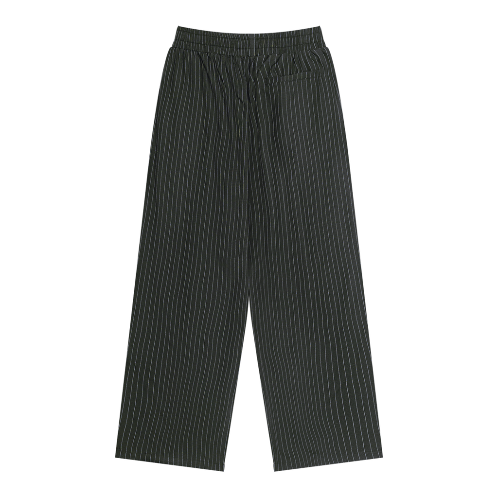 MIROLYUB Axis striped pleated trousers in Black, back view.