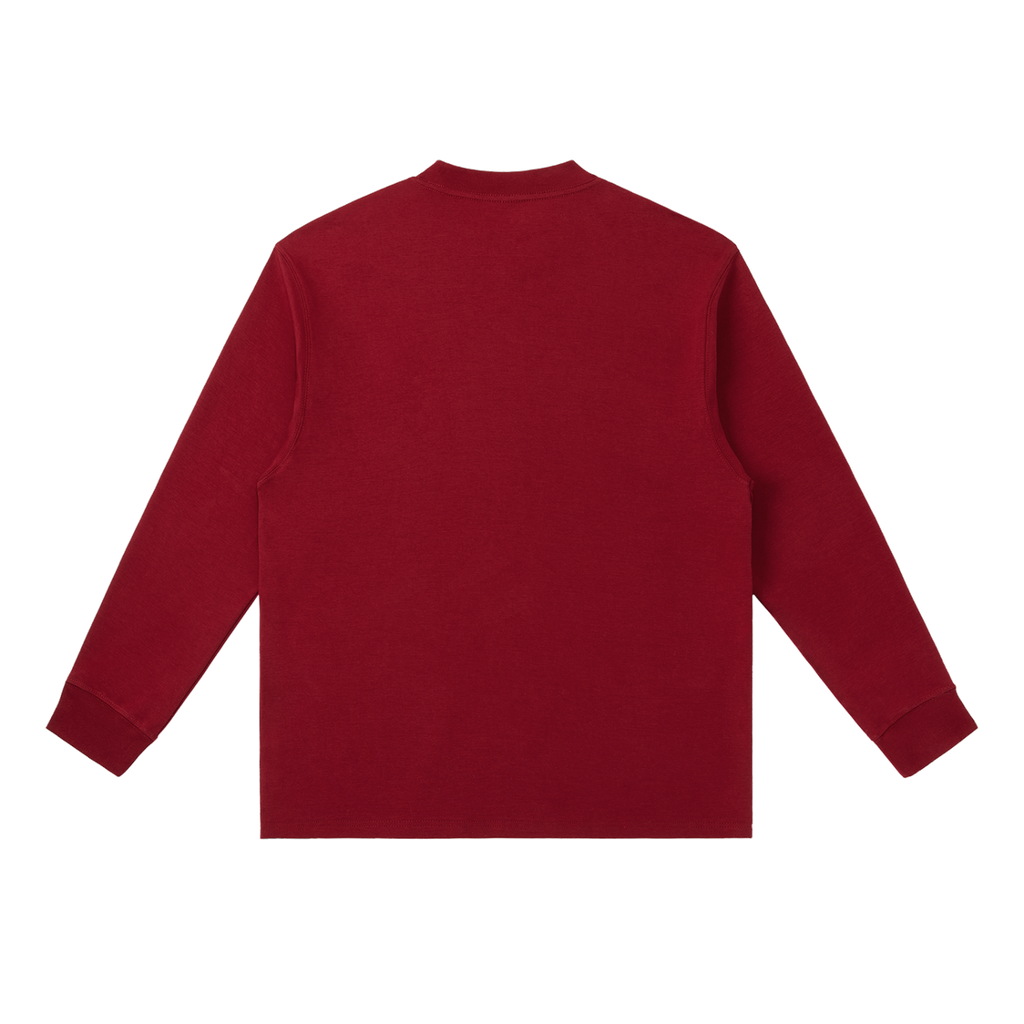 MIROLYUB Continuum cotton-blend long sleeve in Wine Red, back view.