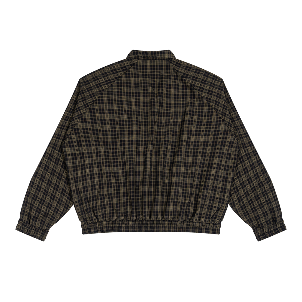 MIROLYUB Grid Plaid Zip Track Jacket in Black Plaid, back view.