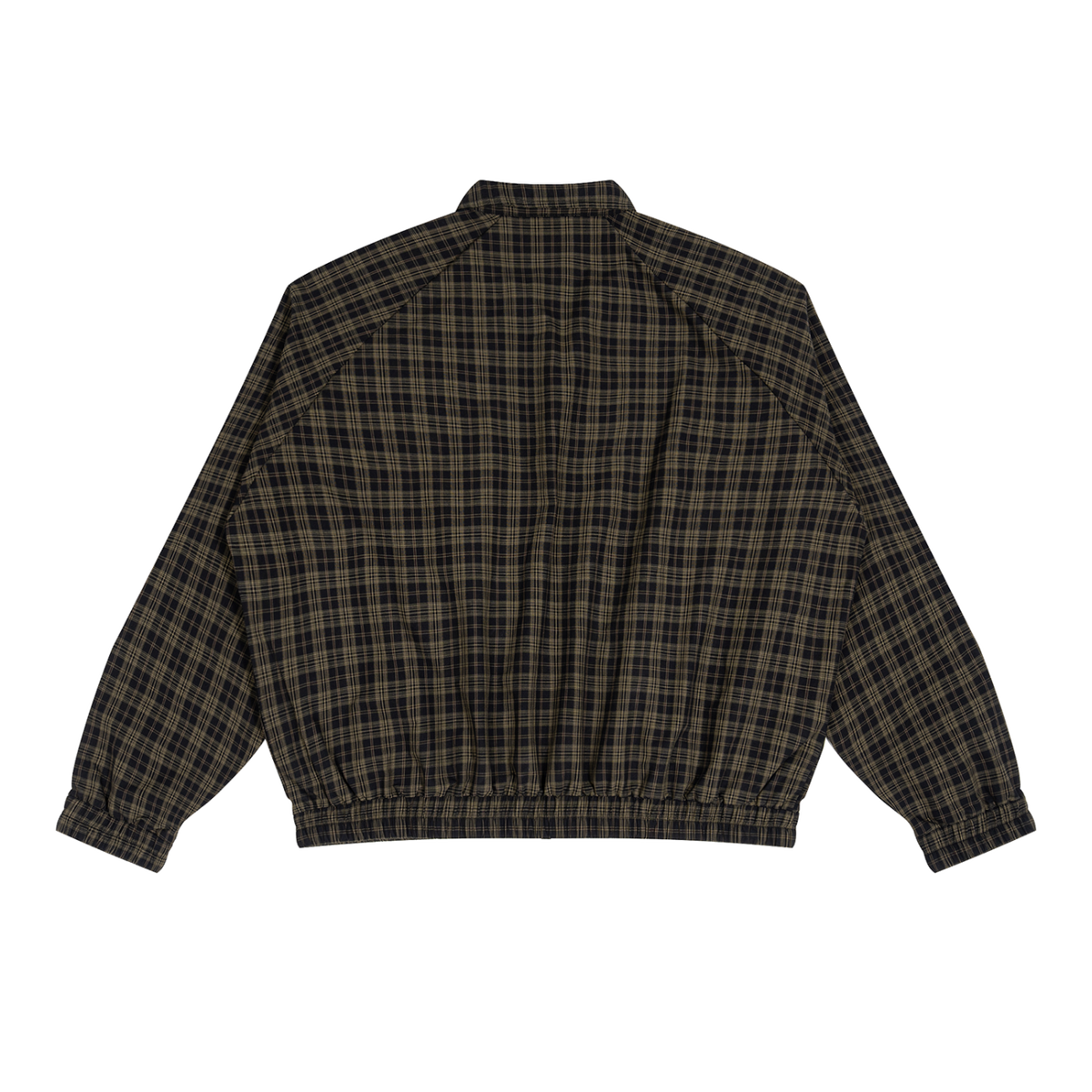 MIROLYUB Grid Plaid Zip Track Jacket in Black Plaid, back view.
