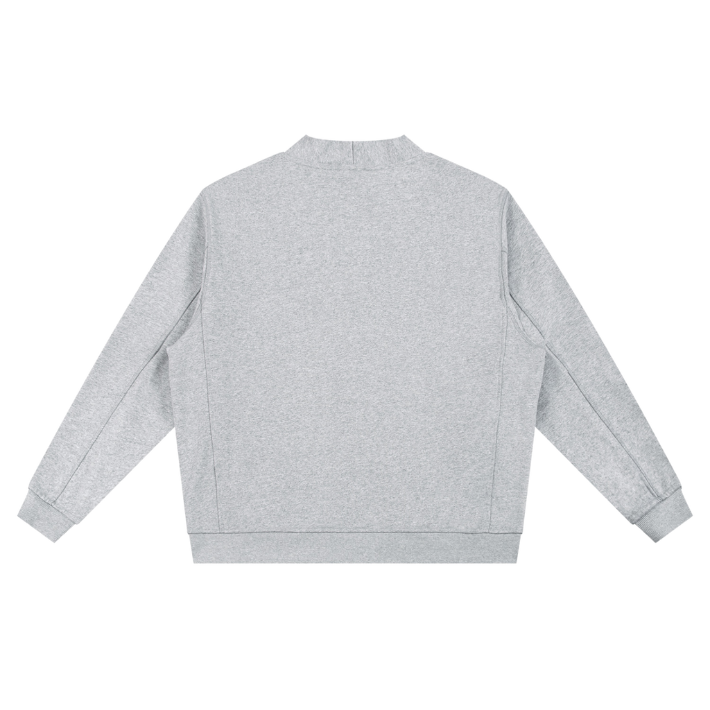 MIROLYUB Cloister heavyweight fleece cardigan in Flower Gray, back view.