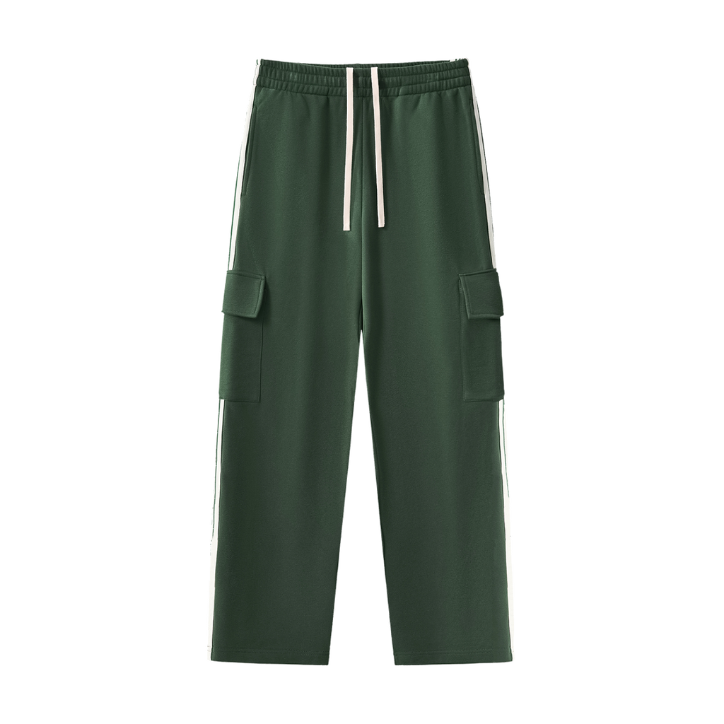 MIROLYUB Vector Side-Stripe Straight-Leg Pants in Blackish Green, front view.