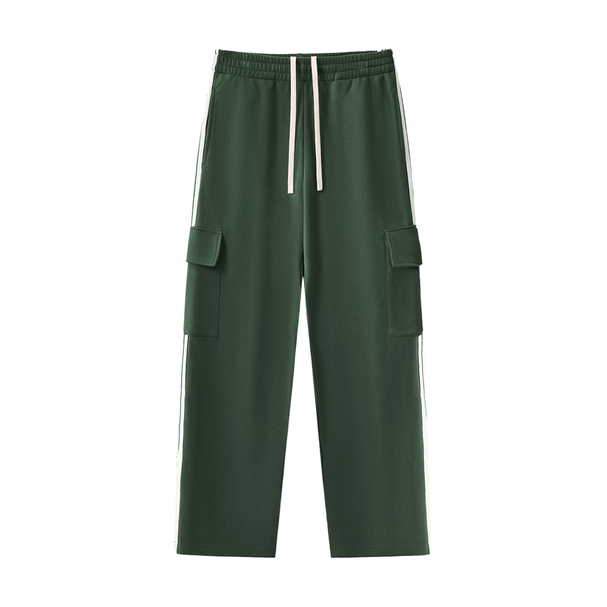 MIROLYUB Vector Side-Stripe Straight-Leg Pants in Blackish Green, front view.