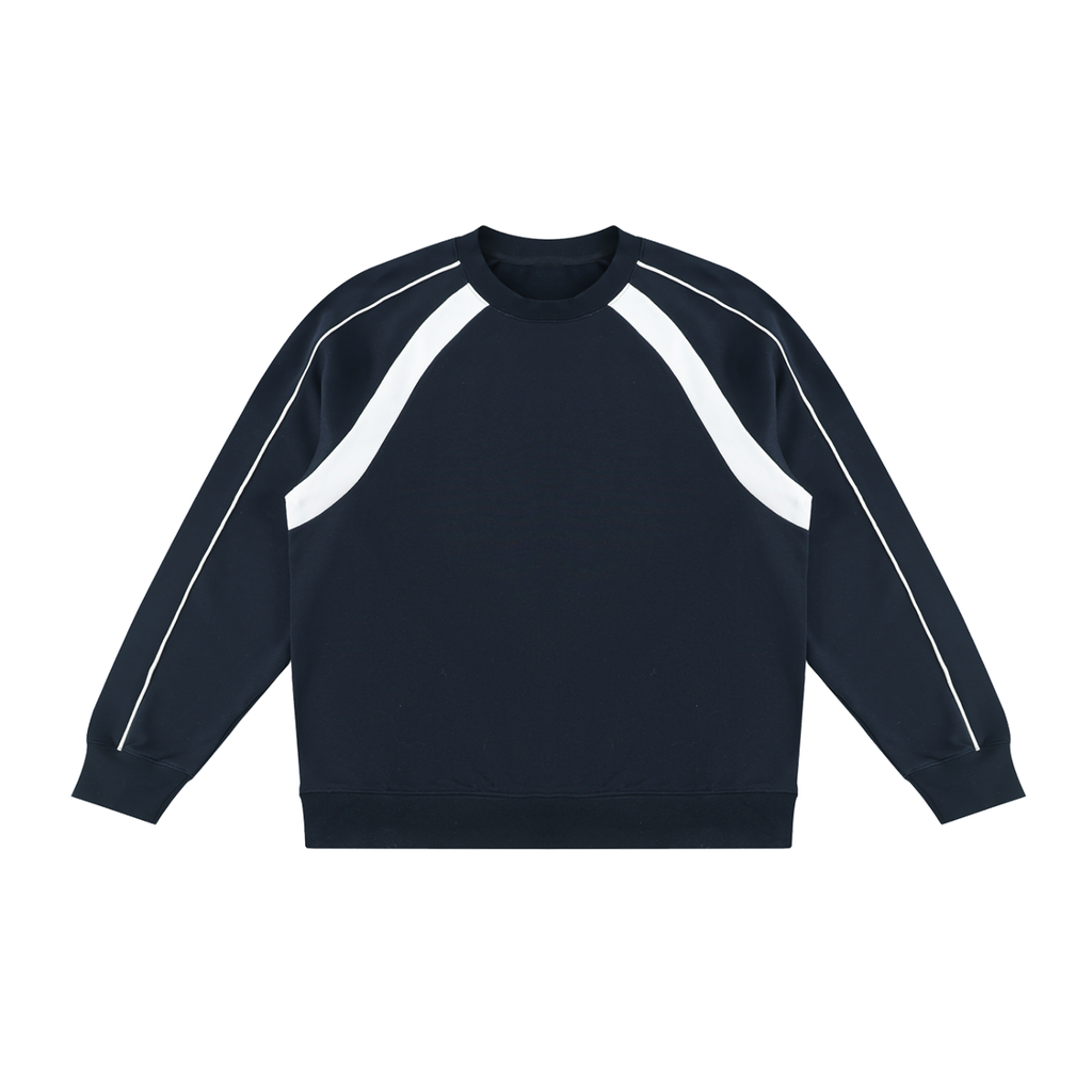 MIROLYUB Intersect Color-Block Sweatshirt in Navy Blue with White, front view