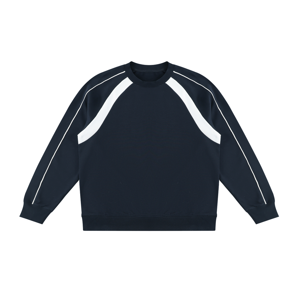 MIROLYUB Intersect Color-Block Sweatshirt in Navy Blue with White, front view