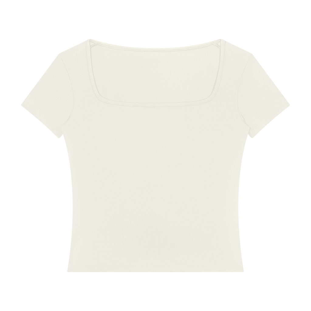 MIROLYUB Squareline square-neck fitted tee in Beige, front view.
