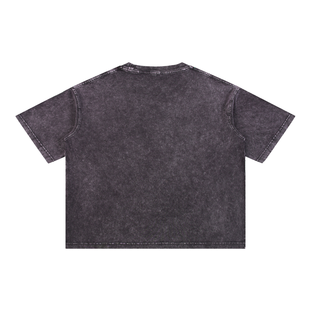 MIROLYUB Stratum Mineral-Wash Boxy Tee in Dark Gray, back view