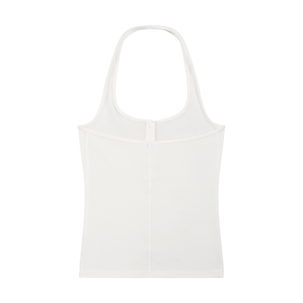 MIROLYUB Notch ribbed Henley tank in White, back view