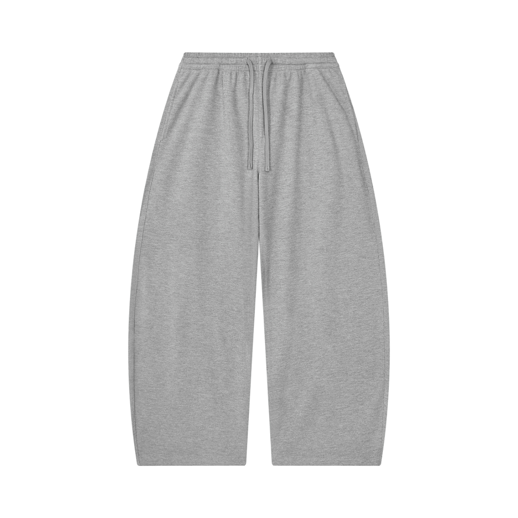 MIROLYUB Tessera waffle barrel pants in Flower Gray, front view.