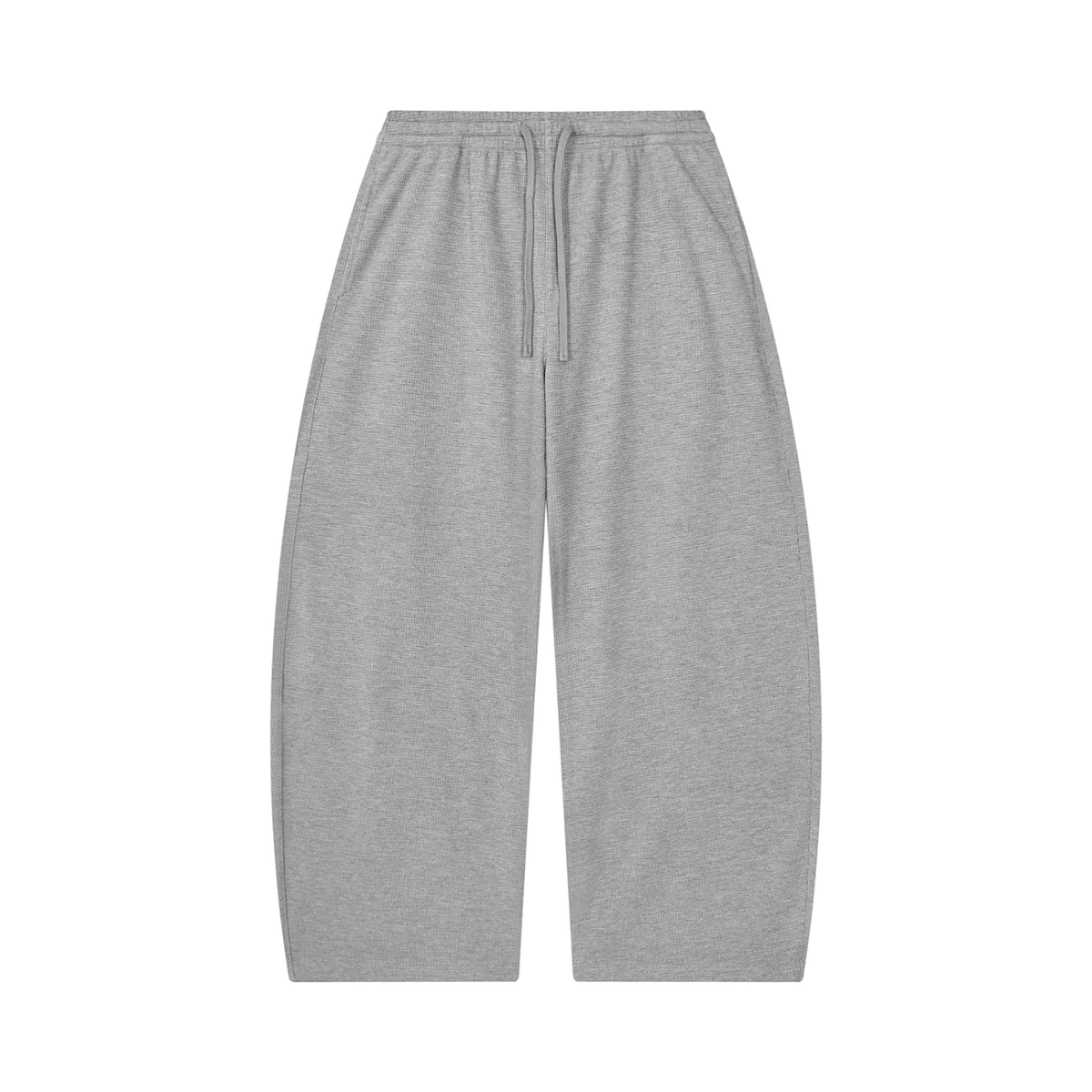 MIROLYUB Tessera waffle barrel pants in Flower Gray, front view.