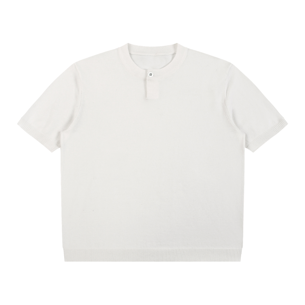 MIROLYUB Cadence Knit Henley Tee in White, front view.