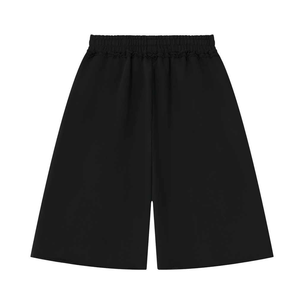 MIROLYUB Unisex Heavyweight Raw Edge Shorts — Black, back view