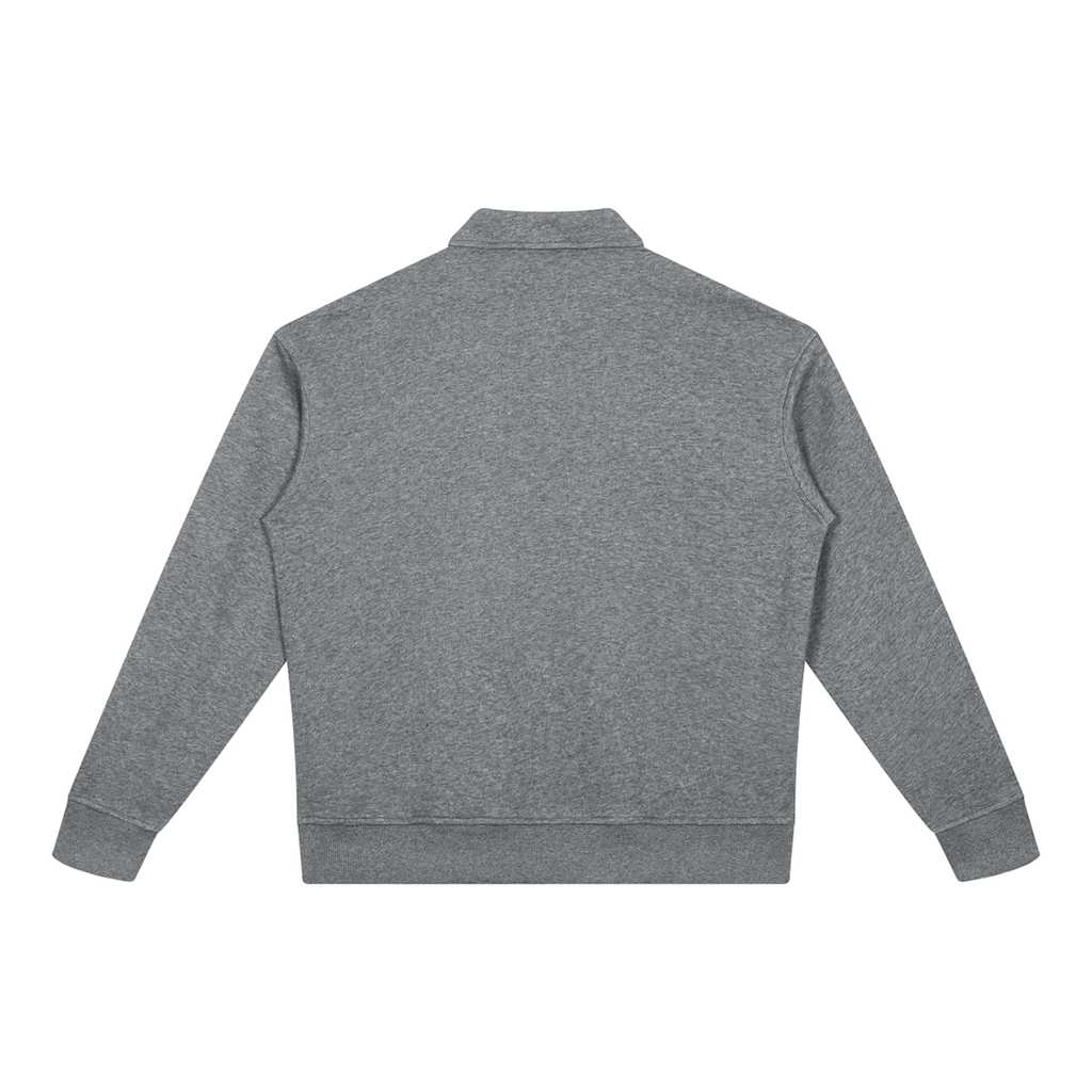 MIROLYUB Aperture boxy quarter-zip sweatshirt in Flower Gray, back view.