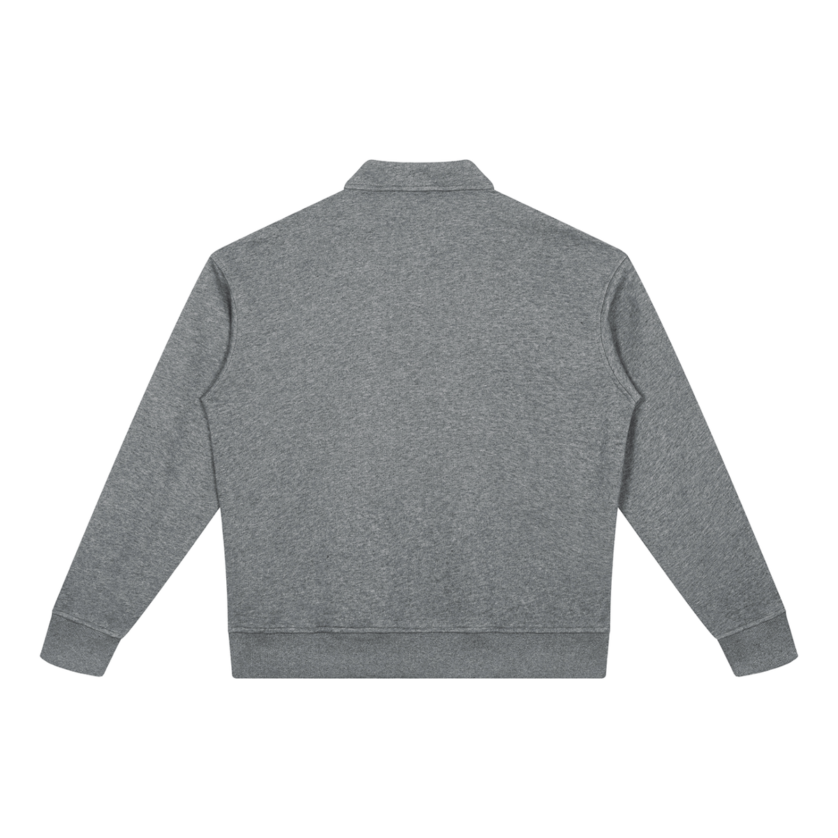 MIROLYUB Aperture boxy quarter-zip sweatshirt in Flower Gray, back view.