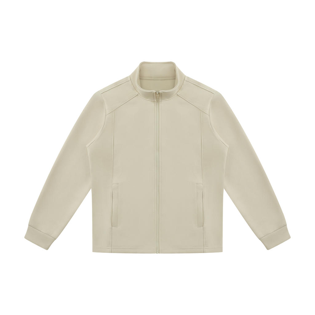 MIROLYUB Tangent stand-collar track jacket in Beige Camel, front view.