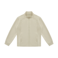 MIROLYUB Tangent stand-collar track jacket in Beige Camel, front view.