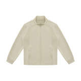 MIROLYUB Tangent stand-collar track jacket in Beige Camel, front view.