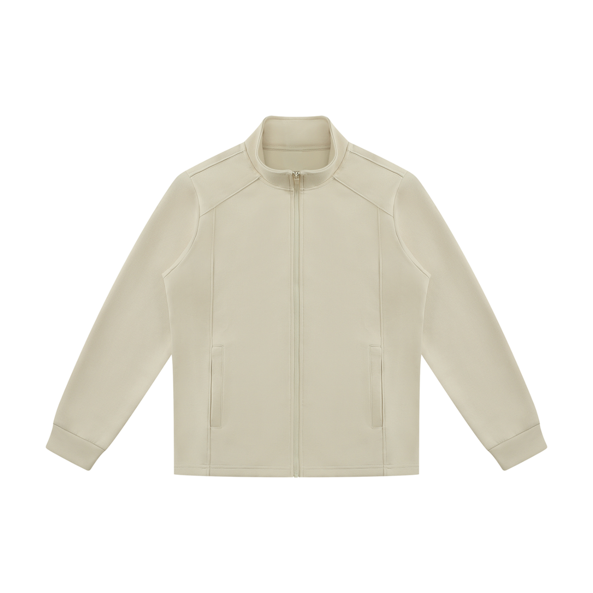 MIROLYUB Tangent stand-collar track jacket in Beige Camel, front view.