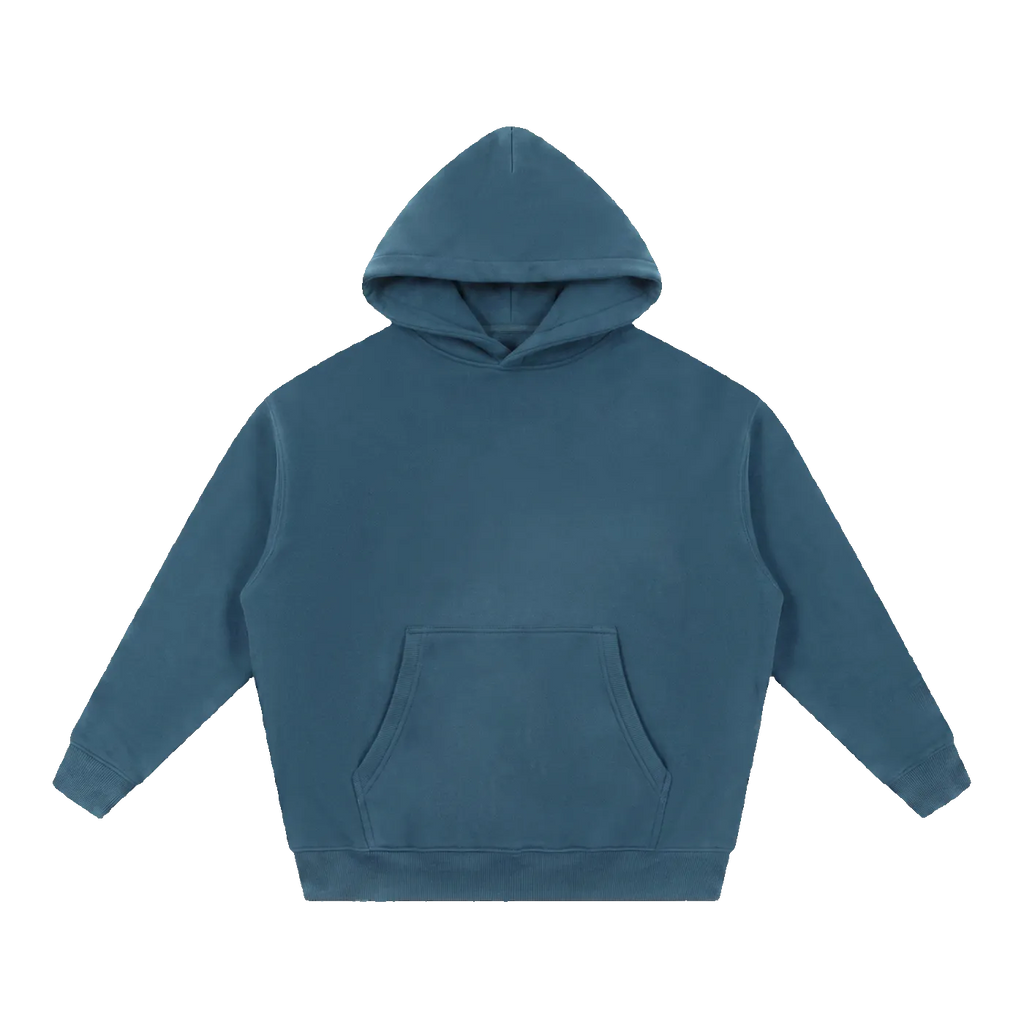 MIROLYUB Loft Boxy Fleece Hoodie in Haze Blue, front view.
