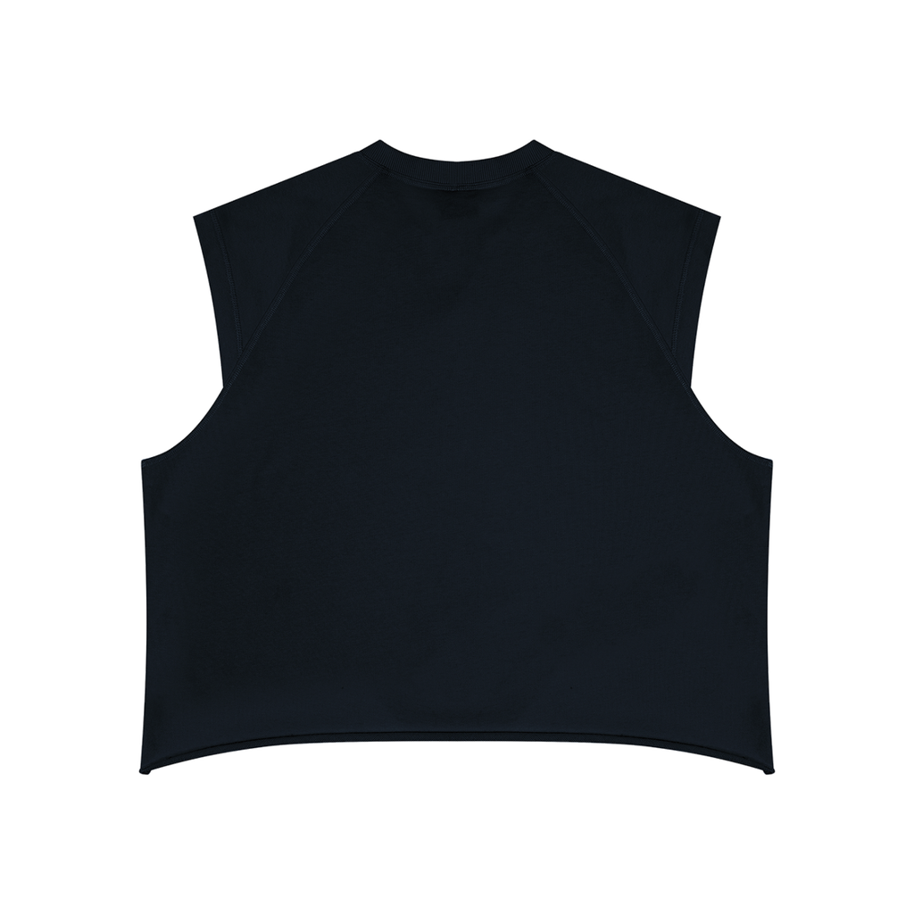MIROLYUB Ravel raw-hem boxy tank in Black, back view.