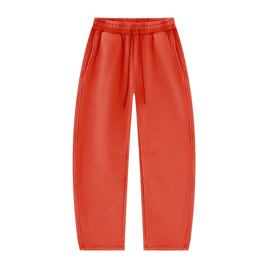 MIROLYUB Arc Vintage-Wash Barrel Fleece Pants in Washed Red, front view.