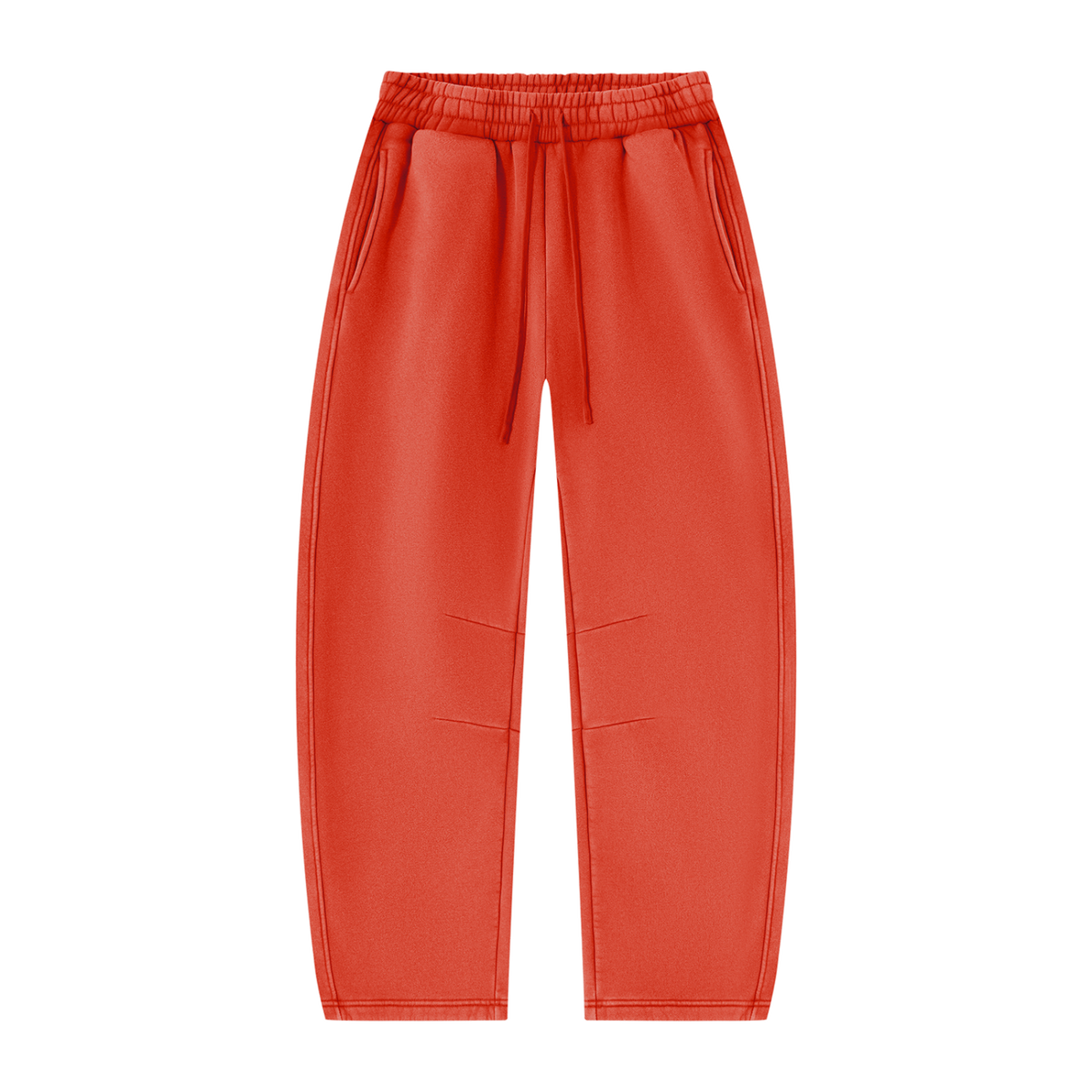 MIROLYUB Arc Vintage-Wash Barrel Fleece Pants in Washed Red, front view.