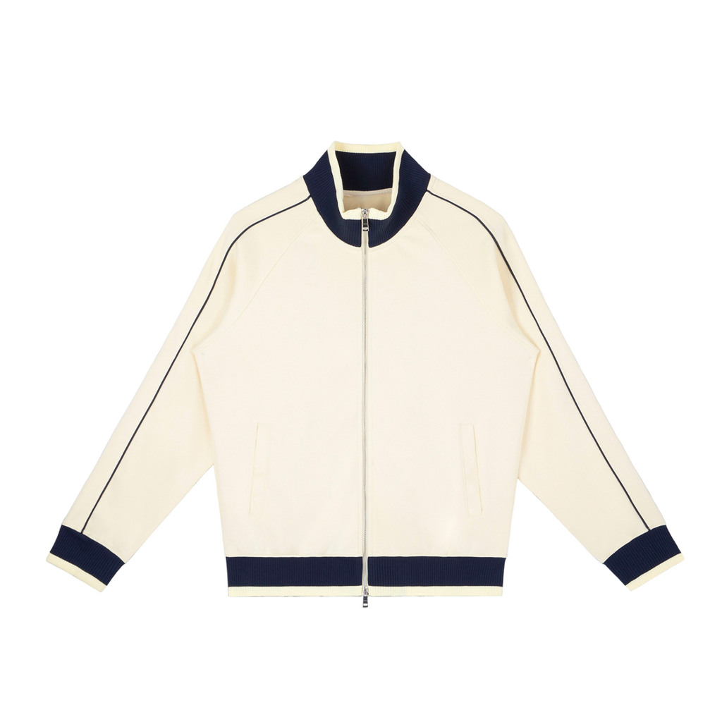 MIROLYUB Switchback raglan track jacket in Mild Apricot, front view.