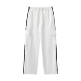 MIROLYUB Vector Side-Stripe Straight-Leg Pants in White, front view.