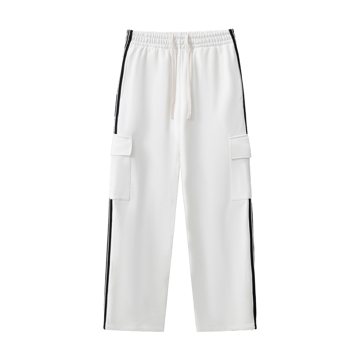 MIROLYUB Vector Side-Stripe Straight-Leg Pants in White, front view.