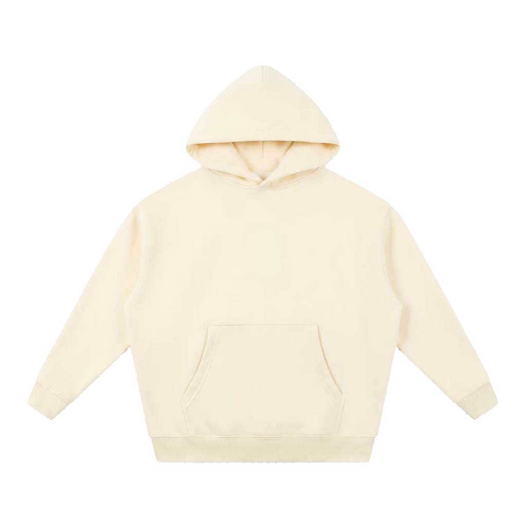 MIROLYUB Loft Boxy Fleece Hoodie in Apricot, front view.